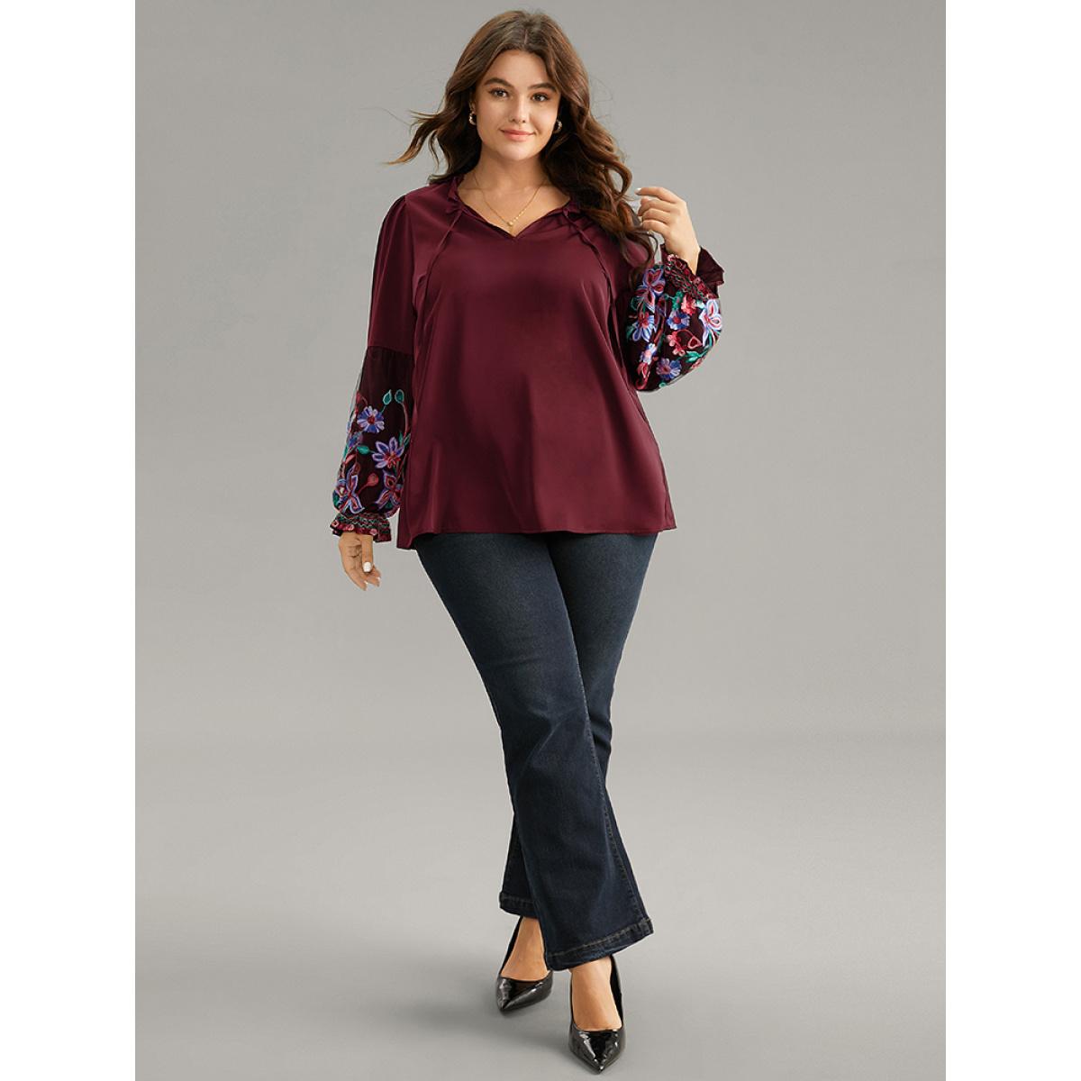 Plus Size Scarlet Floral Embroidered Mesh Tie Neck Ruffles Blouse Women Elegant Long Sleeve Tie Neck Party Blouses BloomChic 10/M Product Image