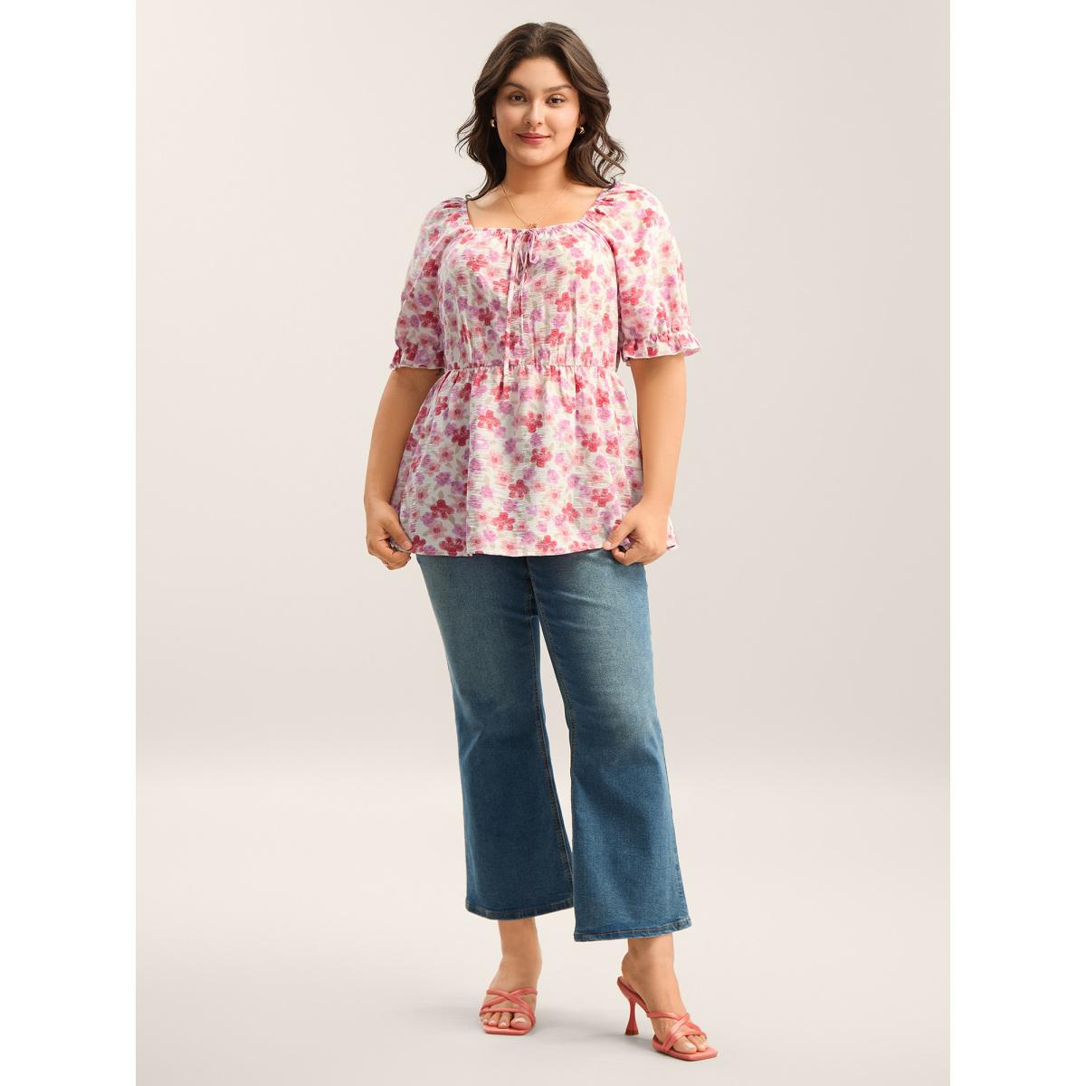 Plus Size Watermelon Floral Print Square Neck Tie Blouse Women Short sleeve Square Neck Everyday-Elegant Blouses BloomChic 28/5X Product Image
