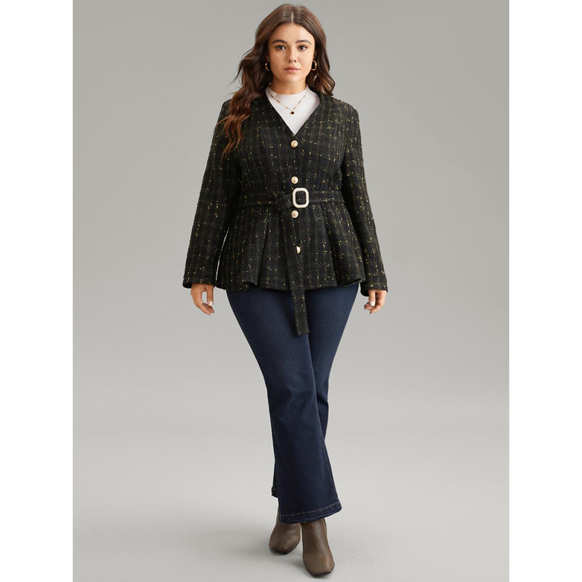 Plus Size Tweed Metal Detail Belted V Neck Blazer Black Women Dailywear Plain Sleeve Long Sleeve V-neck 28/5X Pocket Belt Elegant Blazers BloomChic Product Image