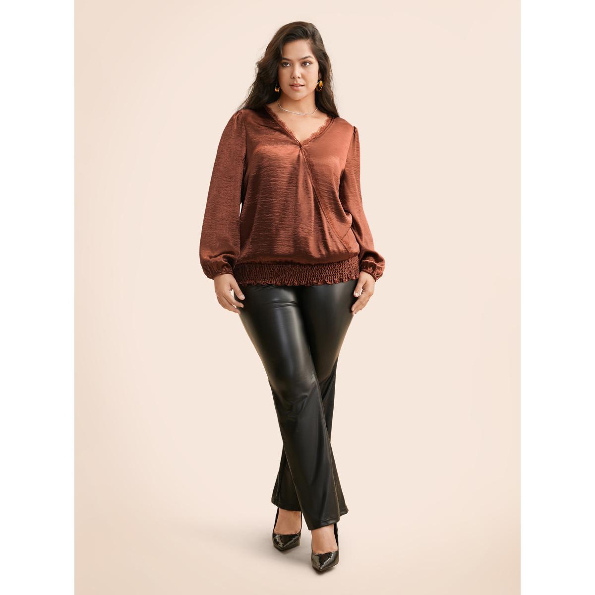 Plus Size Browncoffeecolor Overlap Collar Shirred Lace Trim Blouse Women Cocktail Long Sleeve Overlap Collar Party Blouses BloomChic 28/5X Product Image