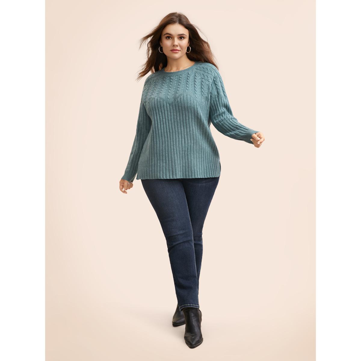 Plus Size Solid Cable Knit Raglan Sleeve Pullover SlateGray Women Casual Long Sleeve Round Neck Everyday Pullovers BloomChic 14-16/1X Product Image