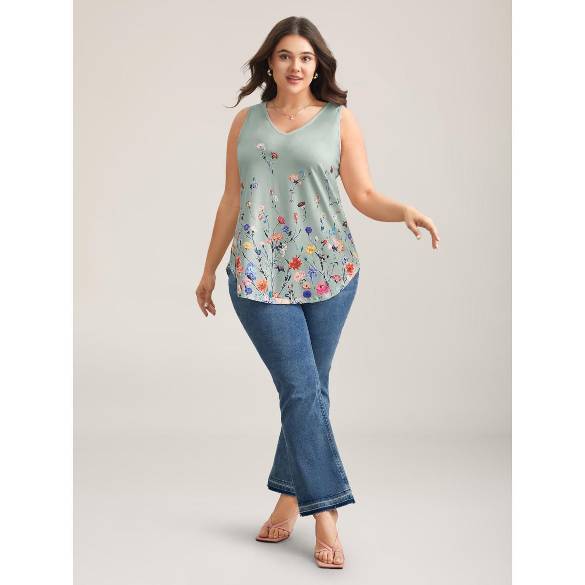 Plus Size Blooming Flowers Print Stretchy Vest Women SlateGray Timeless Non V-neck Elegant Tank Tops Camis BloomChic 14-16/1X Product Image