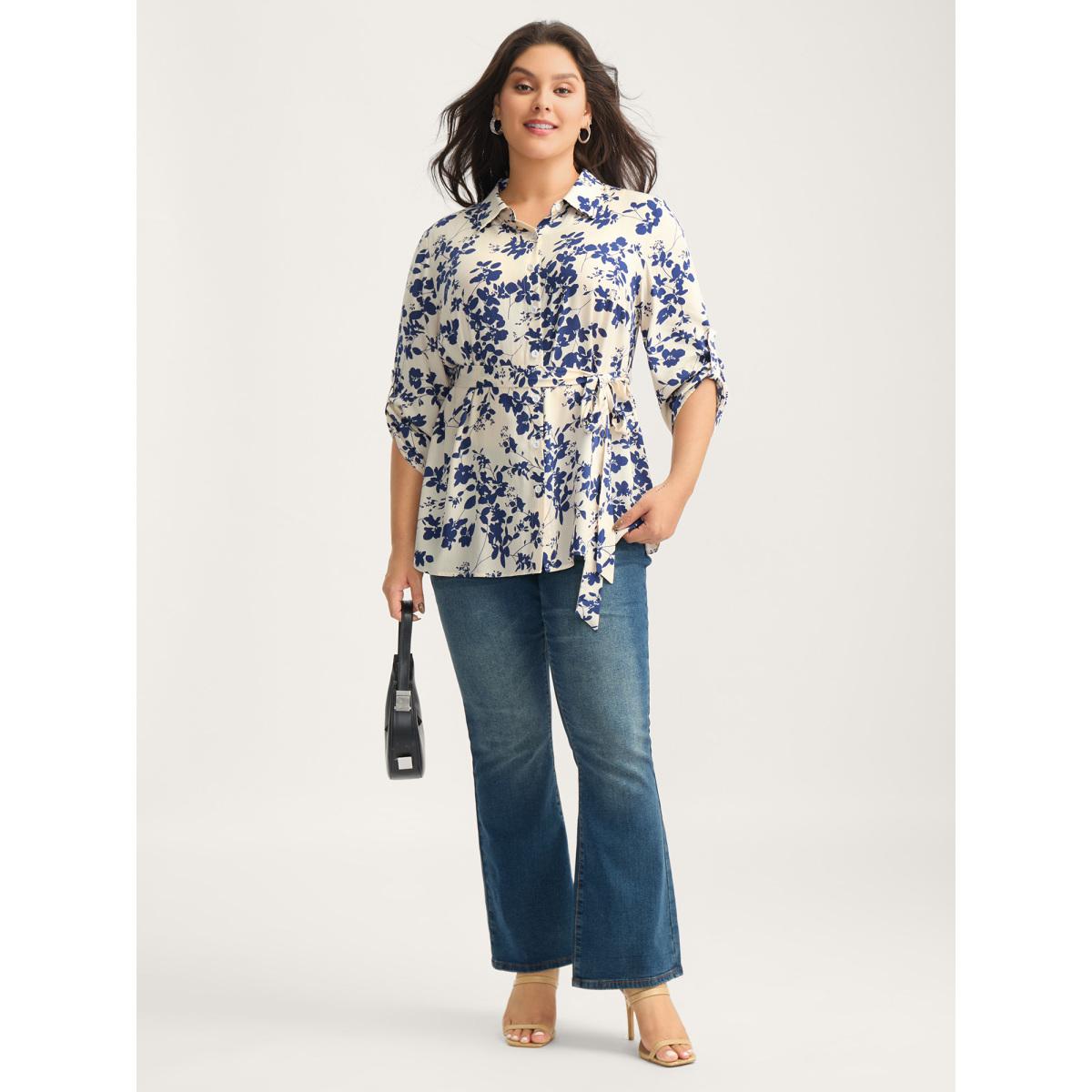 Plus Size DarkBlue Floral Print Waist-Tie Button Blouse Women Elbow-length sleeve Shirt collar Work Blouses BloomChic 18-20/2X Product Image