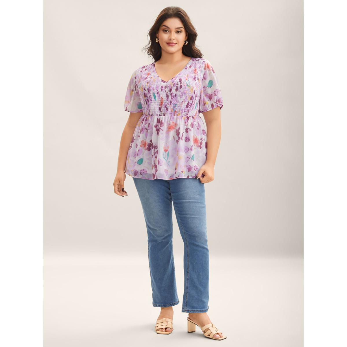 Plus Size Lilac Floral Print Shirred Bodice Blouse Women Short sleeve V-neck Elegant Blouses BloomChic 28/5X Product Image