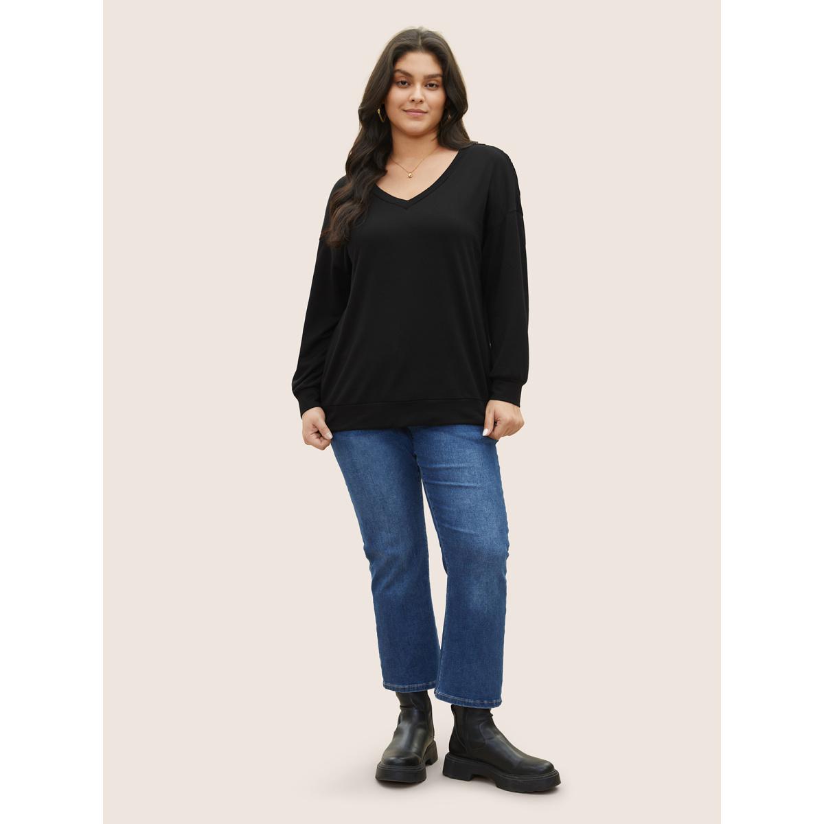 Plus Size Solid V Neck Cut Out Back Sweatshirt Women Black Elegant Non V-neck Everyday Sweatshirts BloomChic 10/M Product Image