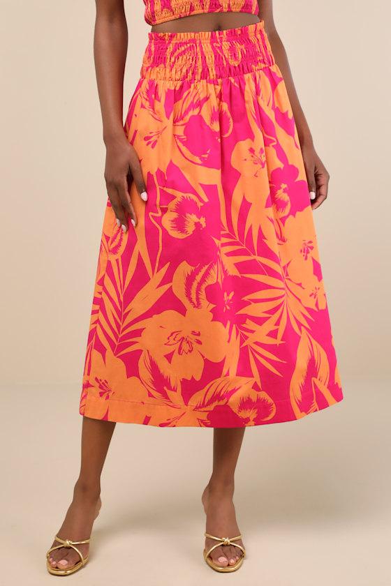 Luana Pink and Orange Floral High-Rise Midi Skirt Product Image