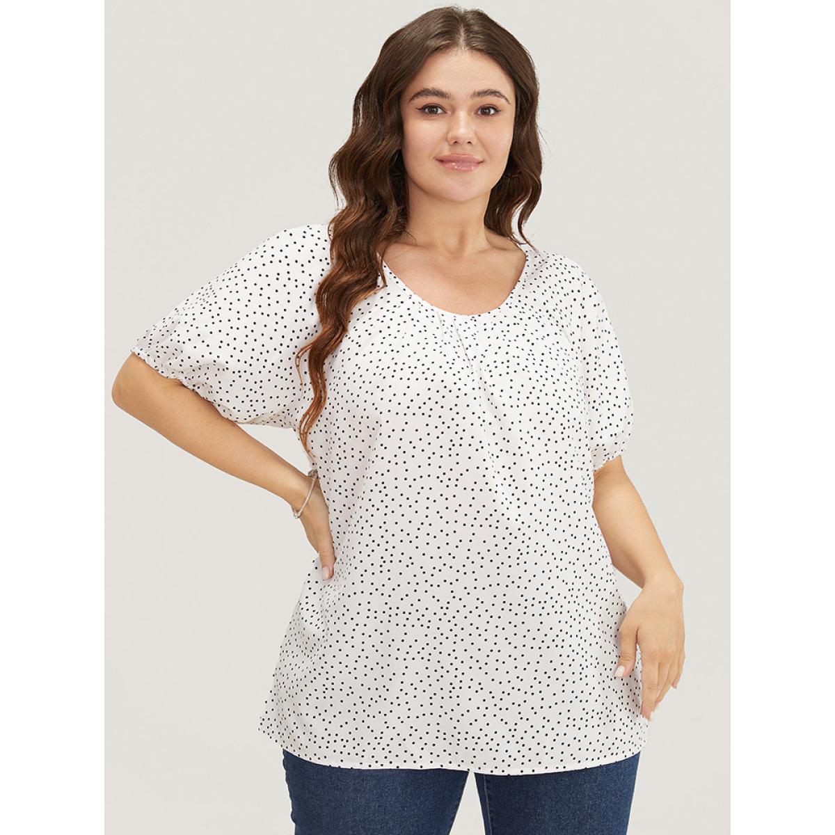 Plus Size White Polka Dot Pleated Round Neck Puff Sleeve Blouse Women Office Short sleeve Round Neck Office Blouses BloomChic 26/4X Product Image