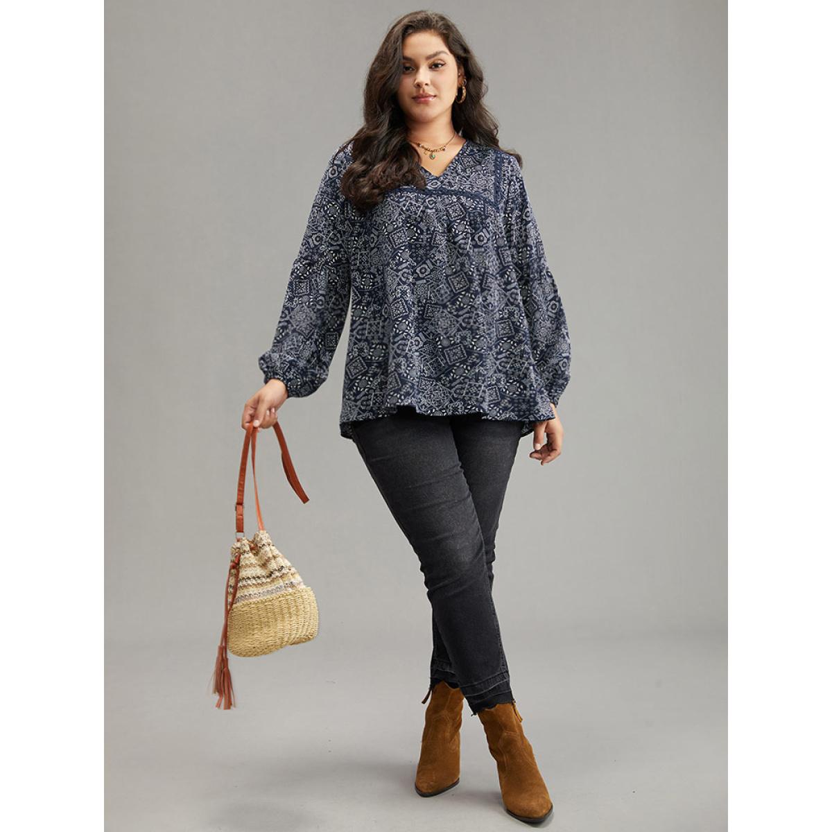 Plus Size Indigo Bandana Lace Insert Lantern Sleeve Blouse Women Resort Long Sleeve V-neck Vacation Blouses BloomChic 10/M Product Image