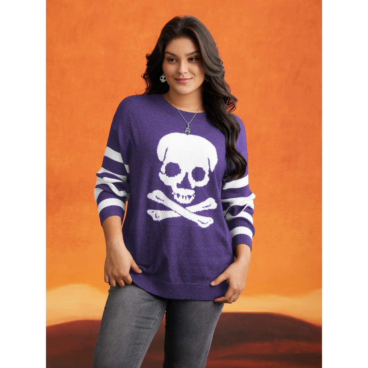 Plus Size Supersoft Essentials Gothic Skull Striped Sleeves Pullover Deeppurple Women Playful Loose Long Sleeve Round Neck Casual Pullovers BloomChic 30/6X Product Image