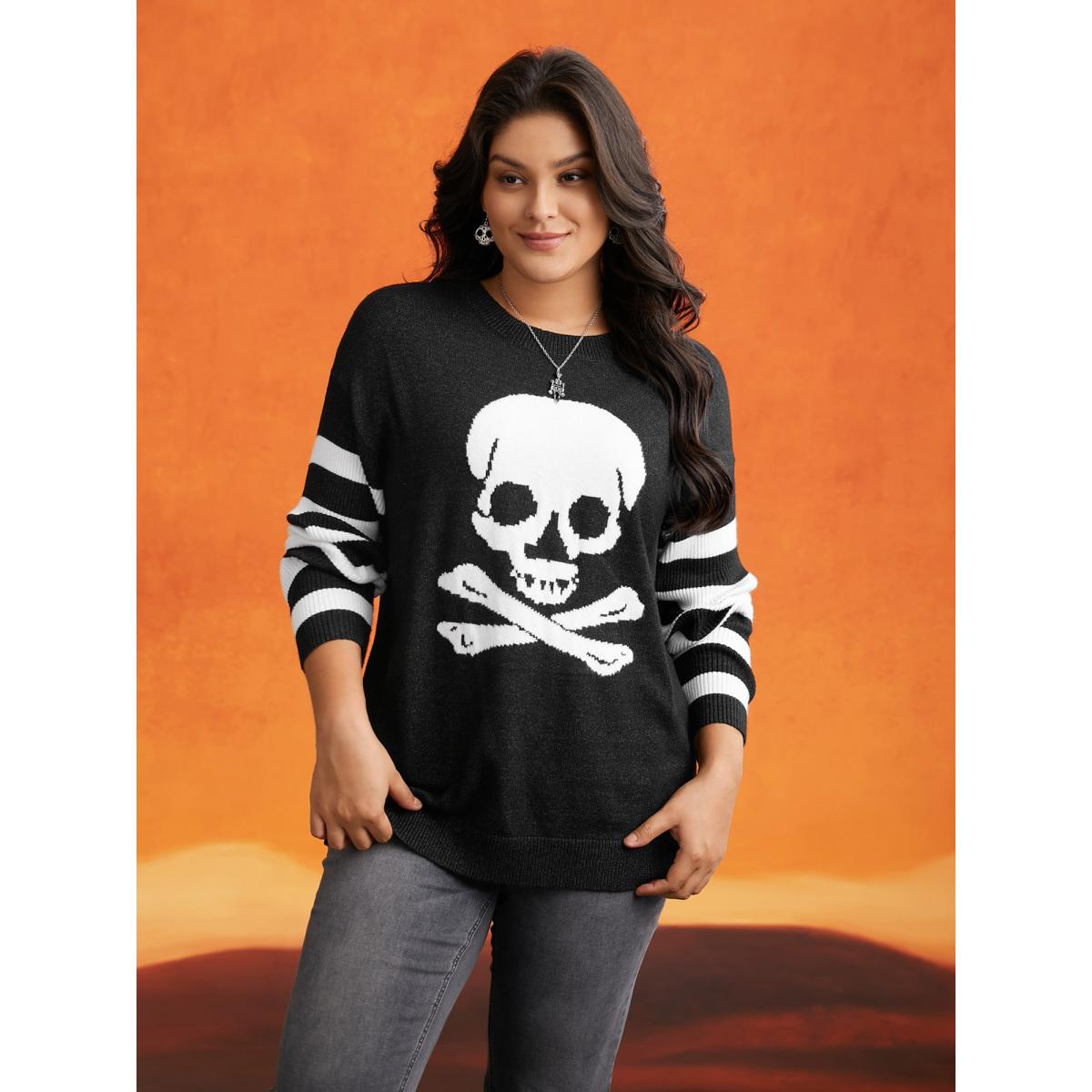 Plus Size Supersoft Essentials Gothic Skull Striped Sleeves Pullover Black Women Casual Loose Long Sleeve Round Neck Everyday Pullovers BloomChic 14-16/1X Product Image