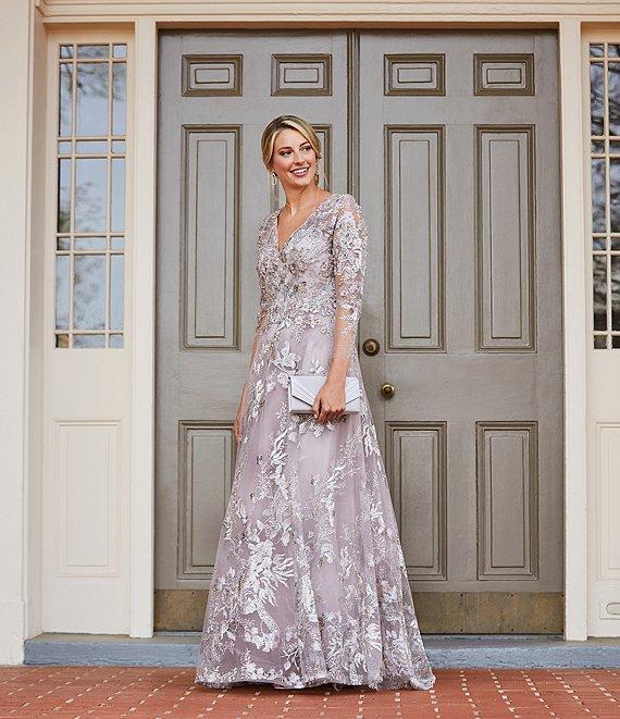 Mac Duggal Appliqued Illusion Long Sleeve A Line Gown Product Image