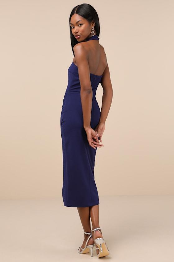 Prominent Charm Navy Halter Bodycon Tulip Midi Dress Product Image