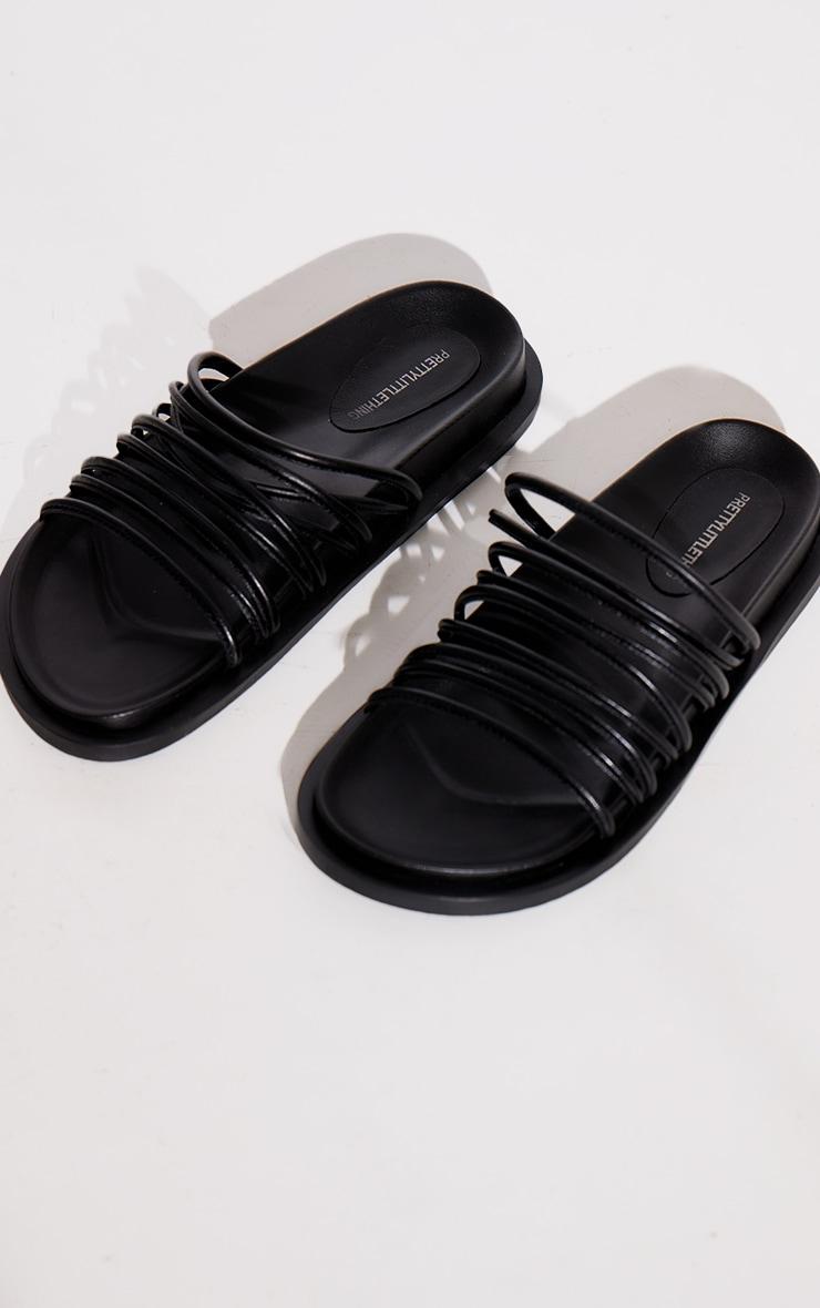 Black Real Leather Round Toe Strap Detail Footbed Sandals Product Image