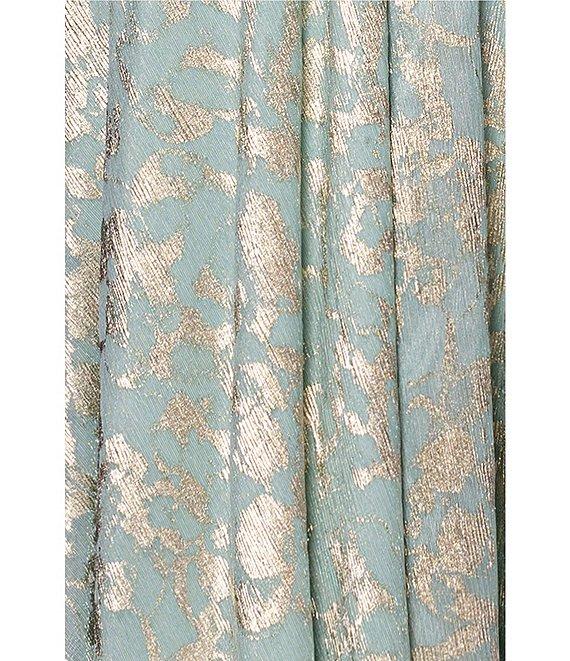 Betsy & Adam Metallic Knit Foiled Print V Neck Long Sleeve A-Line Gown Product Image