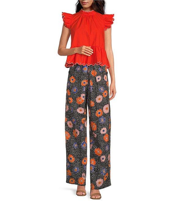 COREY LYNN CALTER Misty Poplin High Neck Cap Ruffle Sleeve Embroidered Top Product Image