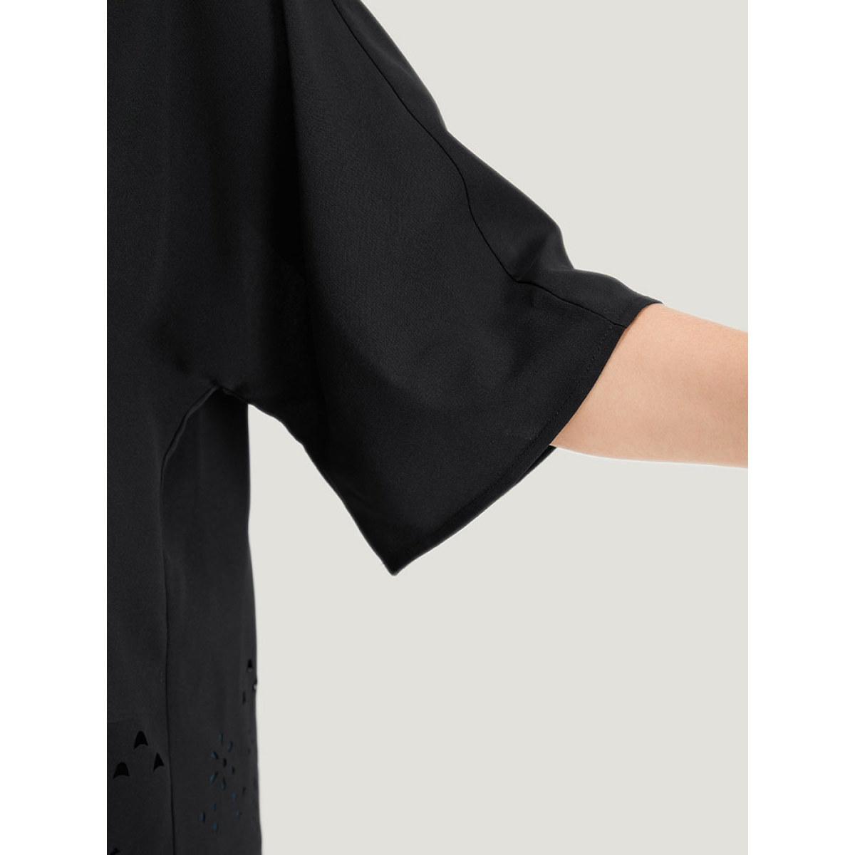 Plus Size Plain Laser Cut Open Front Scalloped Trim Kimono Women Black Casual Plain Dailywear Kimonos BloomChic 12/L Product Image