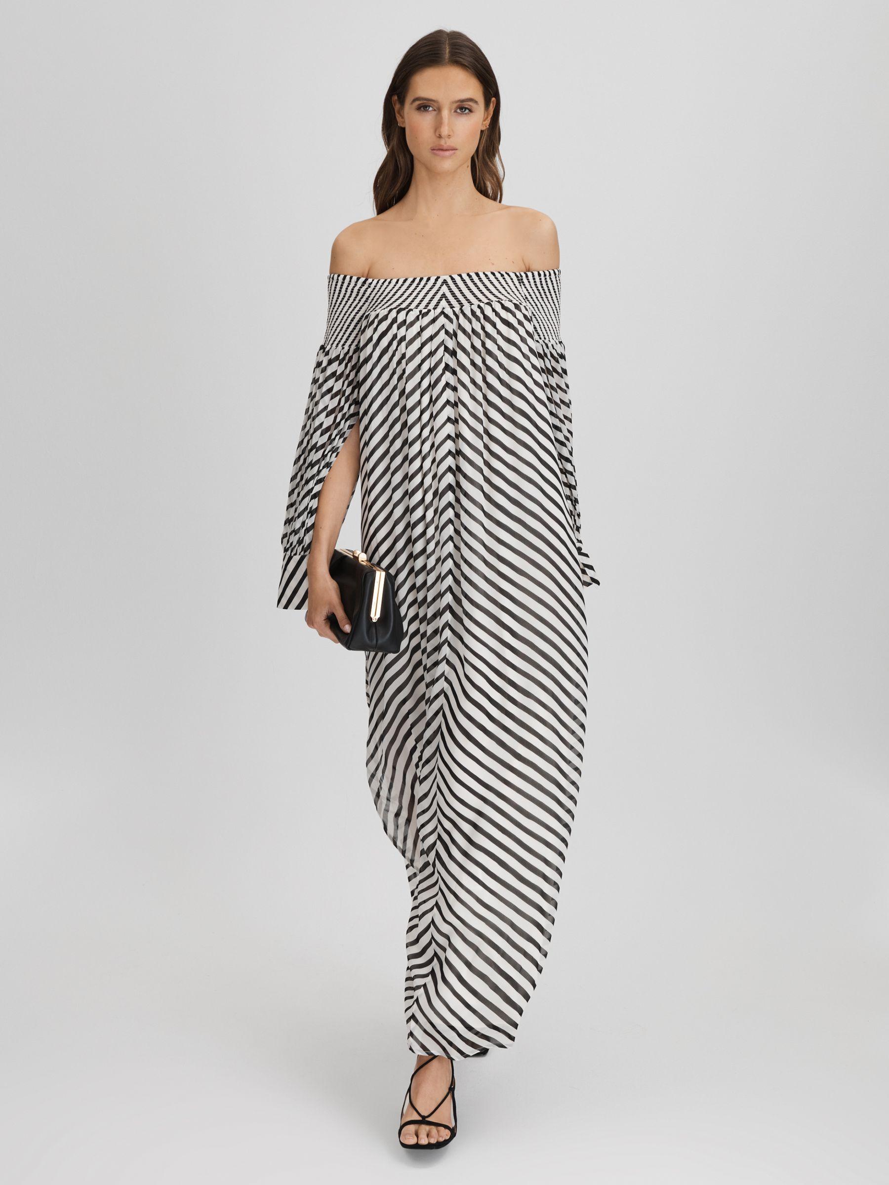 Striped Bardot Maxi Dress in Black/Cream Product Image