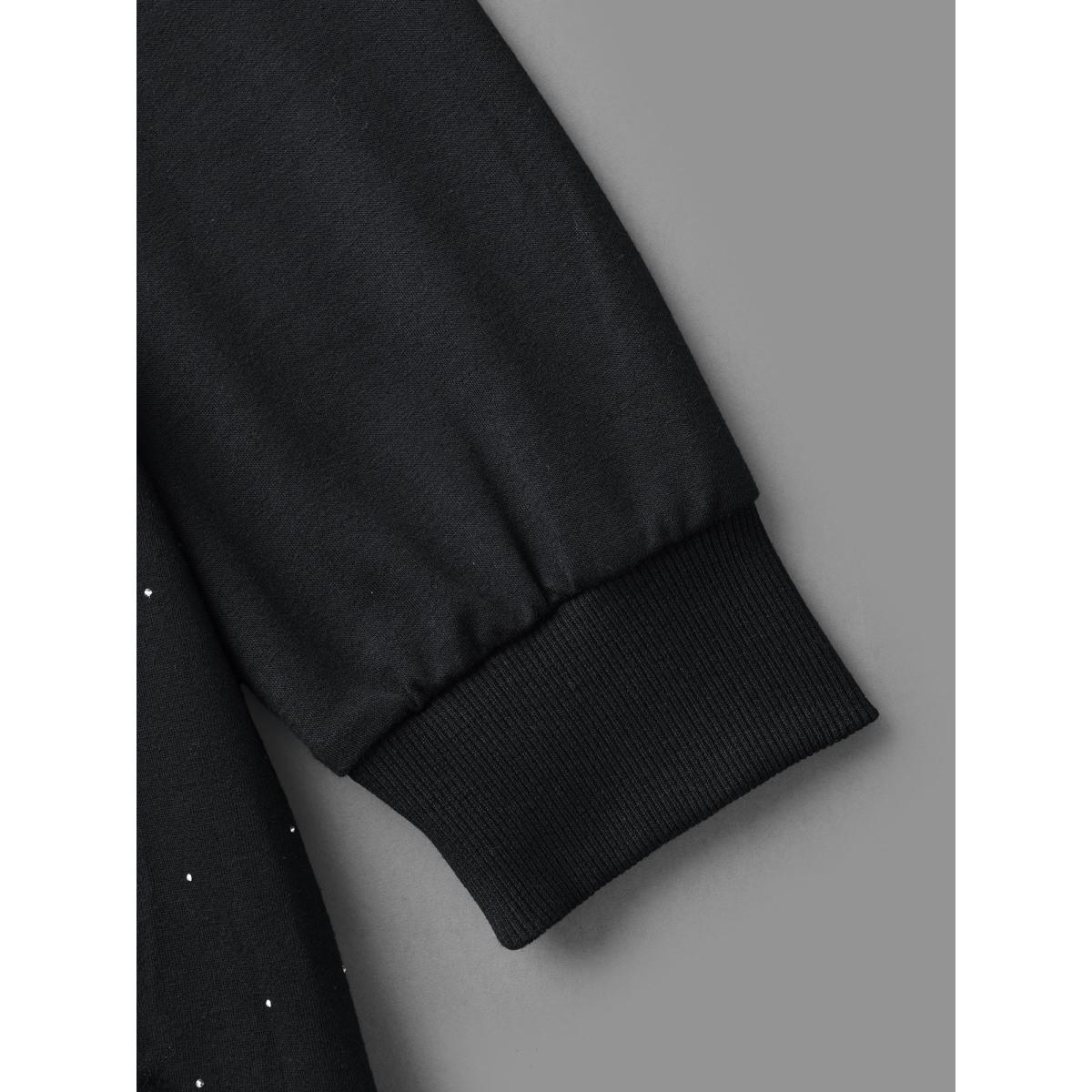 Plus Size Crew Neck Rhinestone Slightly Stretchy Sweatshirt Women Black Casual Rhinestone detailing Round Neck Everyday Sweatshirts BloomChic 12/L Product Image