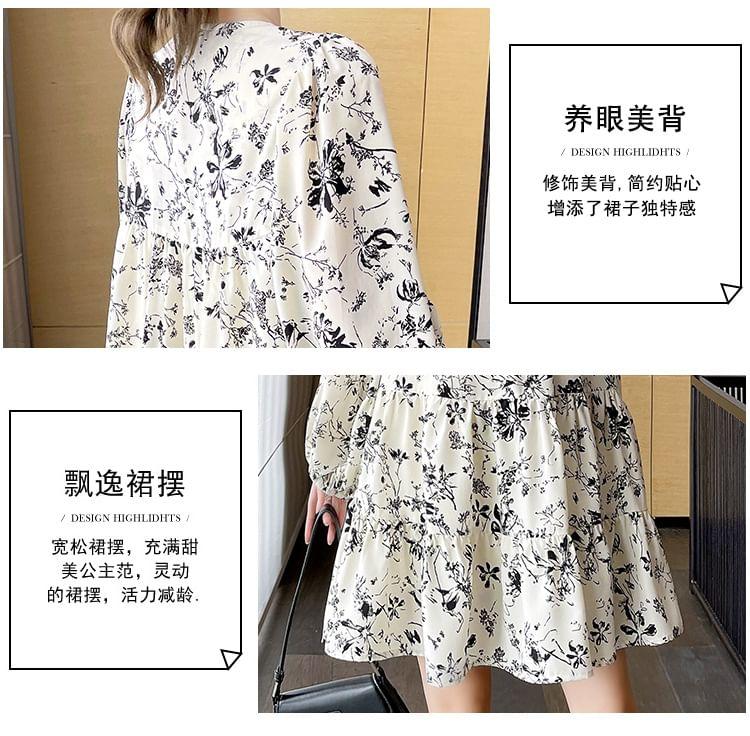 Maternity Long-Sleeve Round Neck Floral Print Tie Front Shirred Mini A-Line Dress Product Image