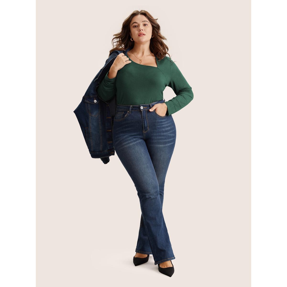 Plus Size Solid Asymmetrical Neck Knit T-shirt DarkGreen Women Elegant Non Plain Everyday T-shirts BloomChic 28/5X Product Image