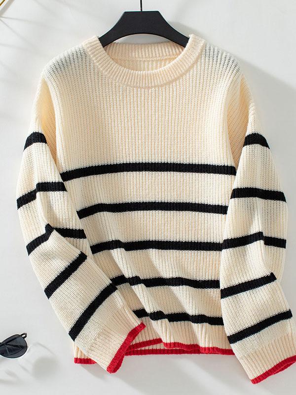Long Sleeves Loose Contrast Color Split-Joint Striped Round-Neck Pullovers Sweater Tops Product Image
