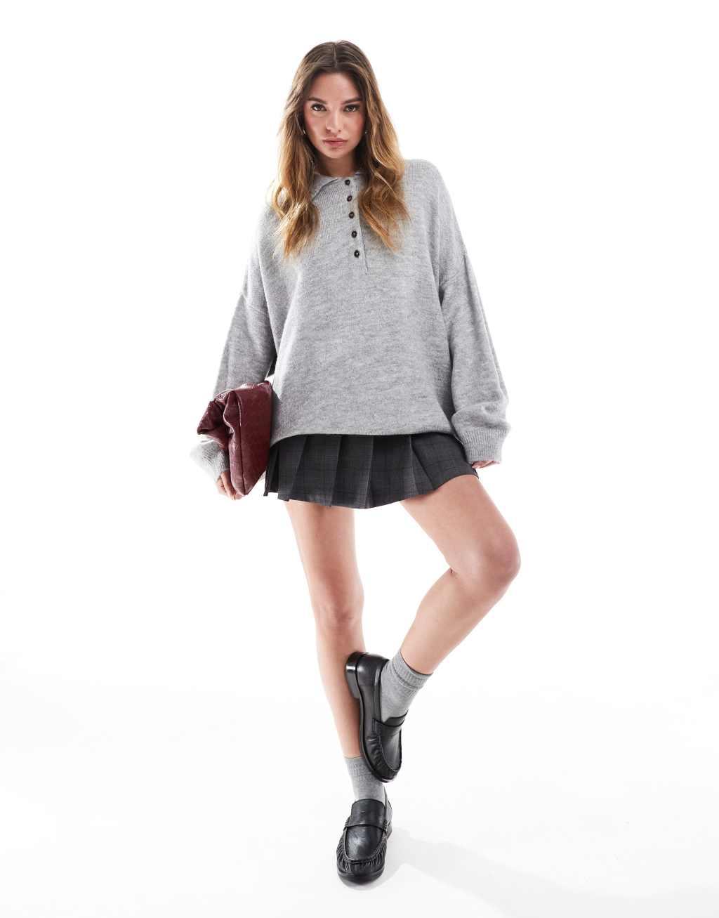 ASOS DESIGN knit compact rugby shirt in gray Product Image