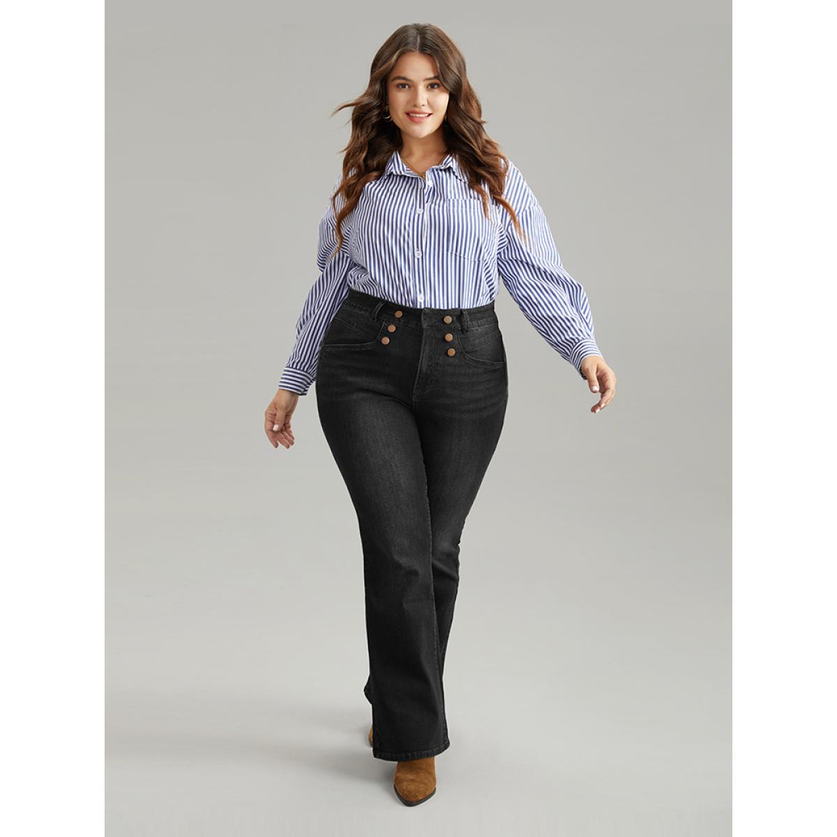 Plus Size Flare Leg Button Detail High Rise Jeans Women Black Casual Plain Non High stretch Slanted pocket Jeans BloomChic 18/2X Product Image