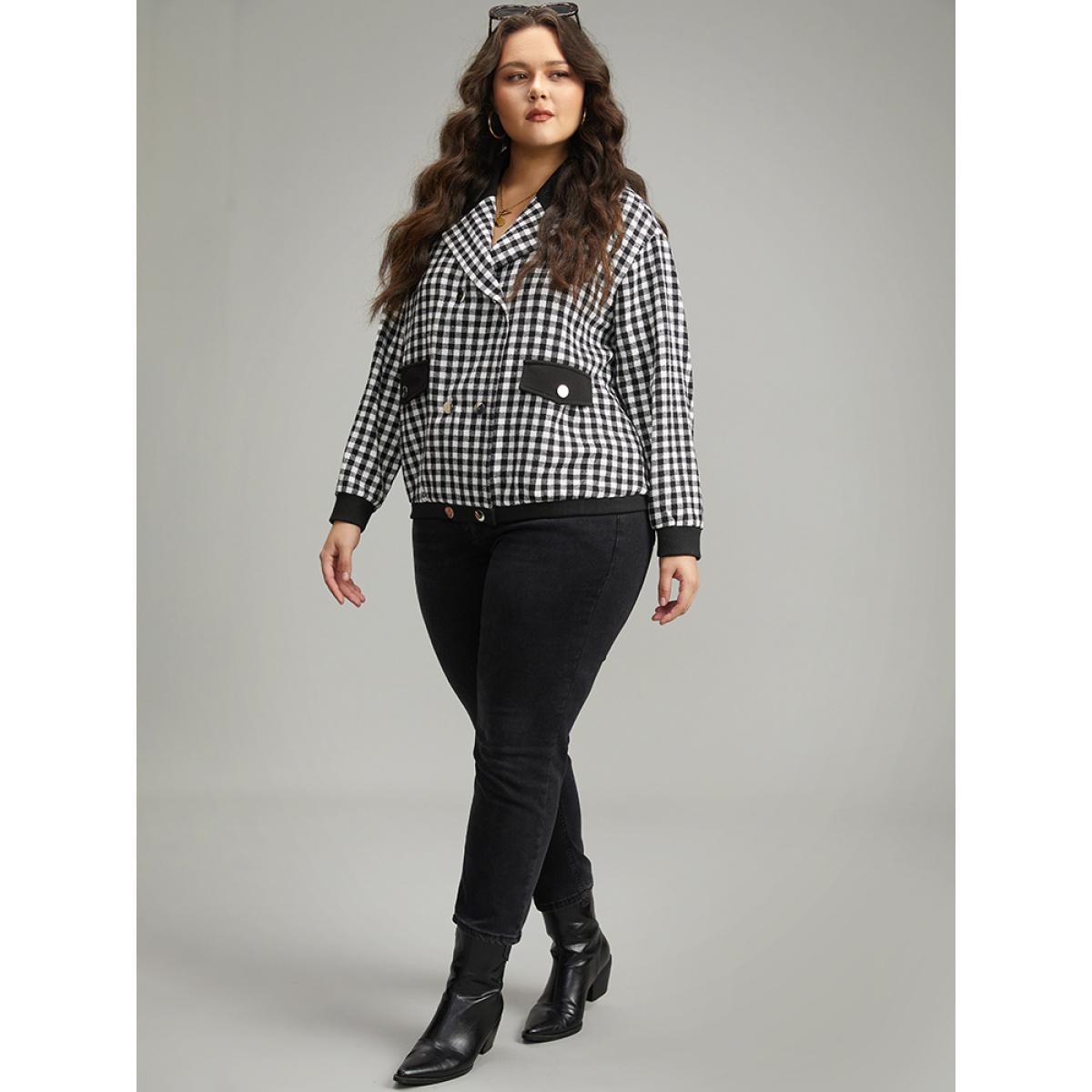 Plus Size Gingham Patchwork Double Breasted Jacket Women Black Elastic cuffs Dailywear Jackets BloomChic 30/6X Product Image