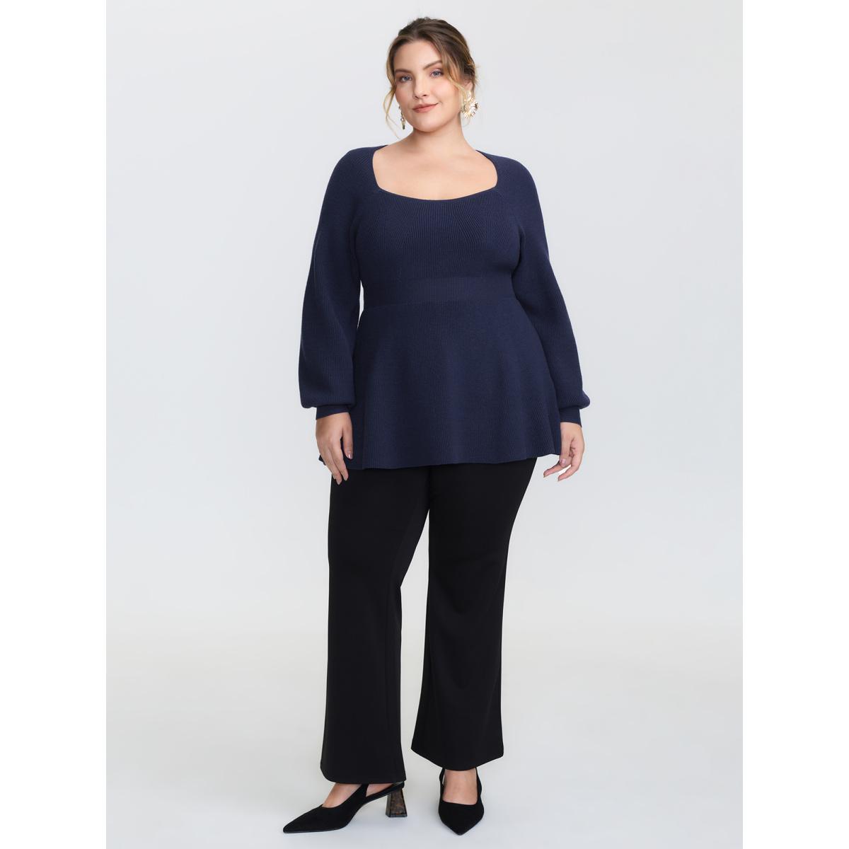 Plus Size Scoop Neck Cinched-Waist Textured Pullover Indigo Women Timeless Bodycon Long Sleeve Heart neckline Elegant Pullovers BloomChic 30/6X Product Image