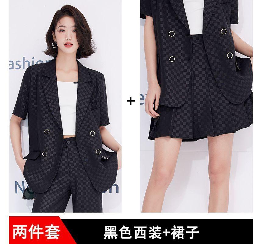 Plaid Double Breasted Blazer / Pleated Skirt / Slacks / Set Product Image
