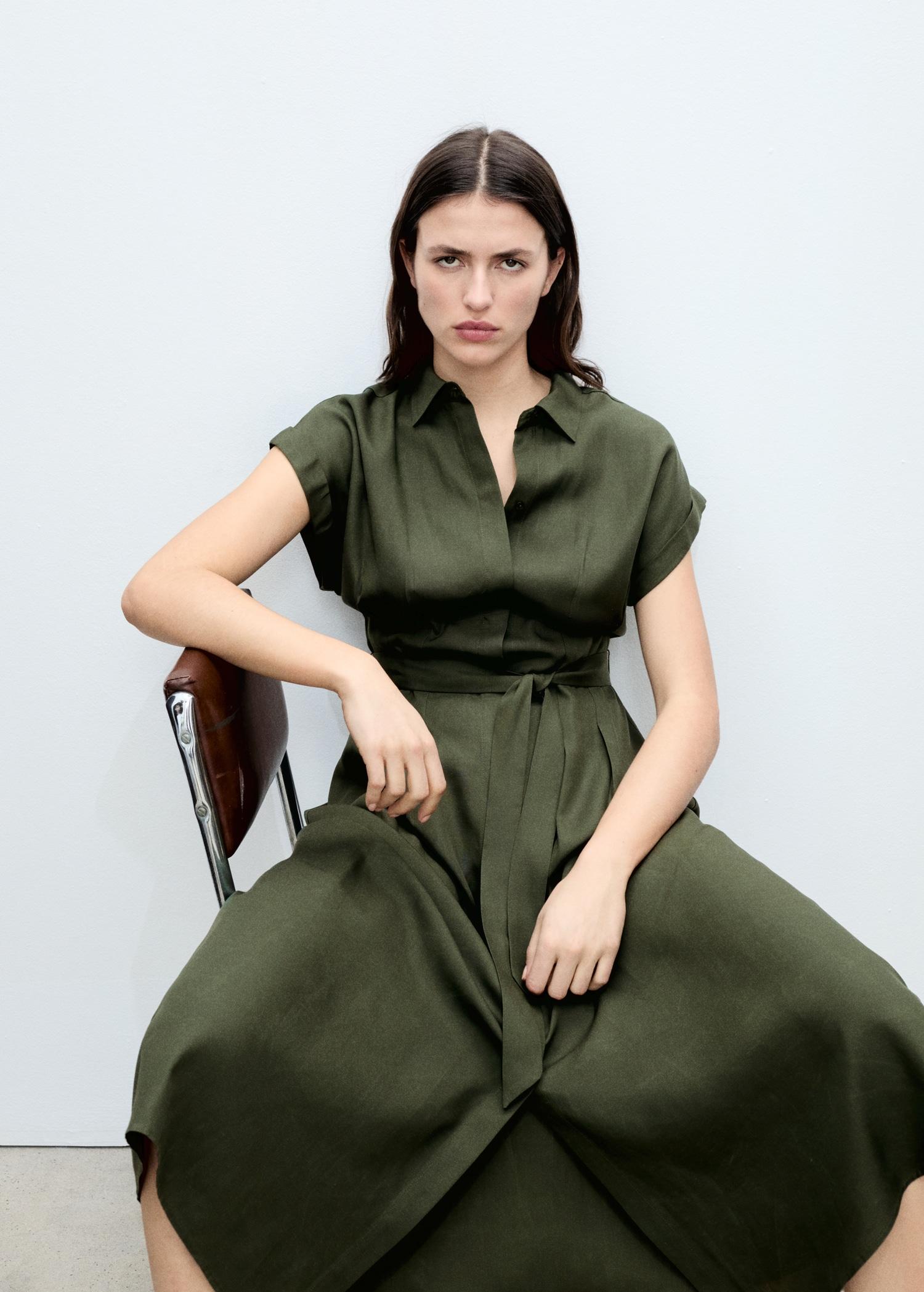 Linen and lyocell-blend shirt dress with belt - Women | MANGO USA Product Image