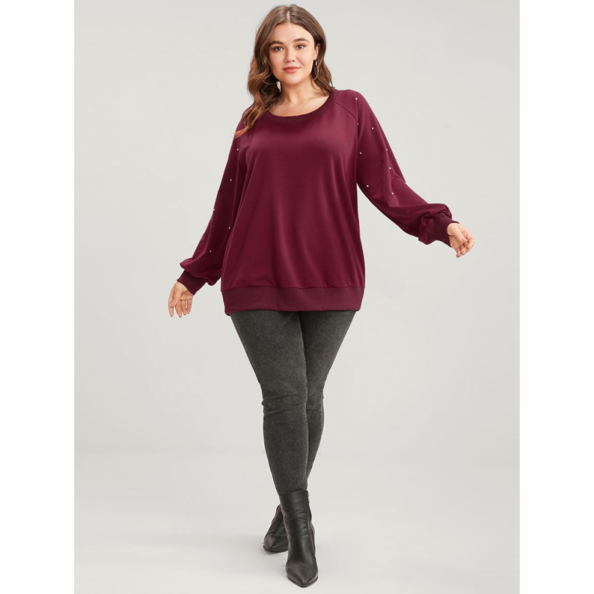 Plus Size Solid Pearls Beaded Raglan Sleeve Drop Shoulder Sweatshirt Women Scarlet Elegant Beaded Round Neck Dailywear Sweatshirts BloomChic 30/6X Product Image