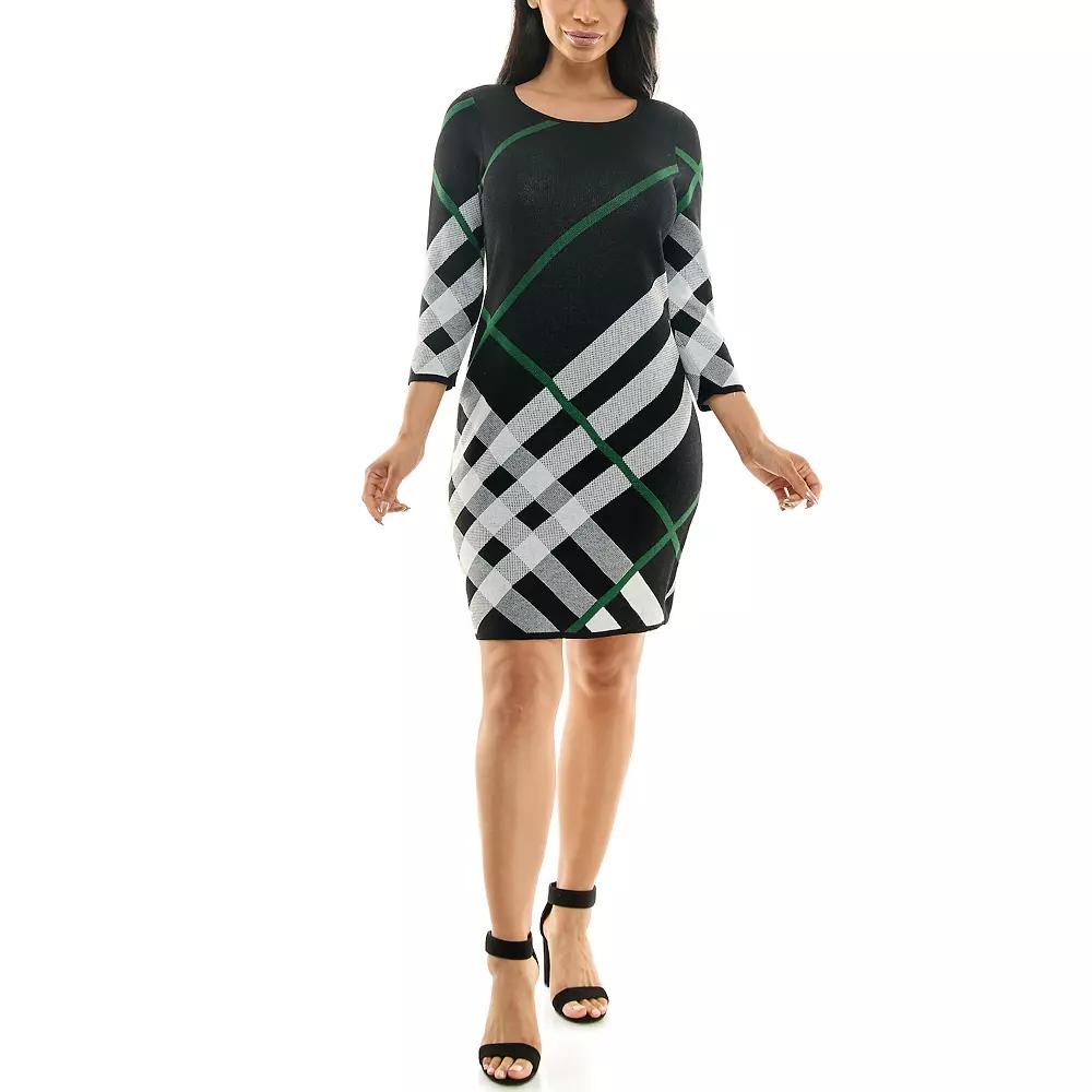 Women's Nina Leonard Oversize Plaid Sweater Dress, Size: Large, Black Jewel Green Whit Product Image