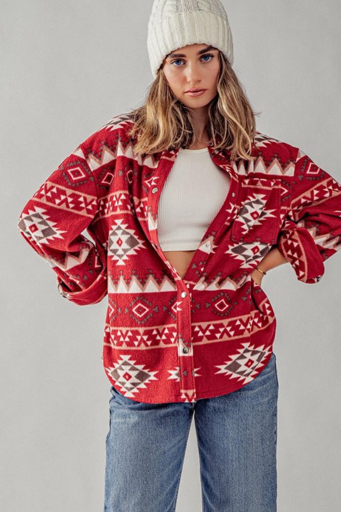 Soft Fleece Aztec Tribal Print Shacket Product Image