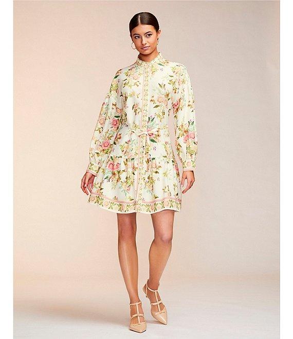 Alex Marie Wren Floral Print Banded Collar Long Sleeve Tie Waist A-Line Button Front Dress Product Image