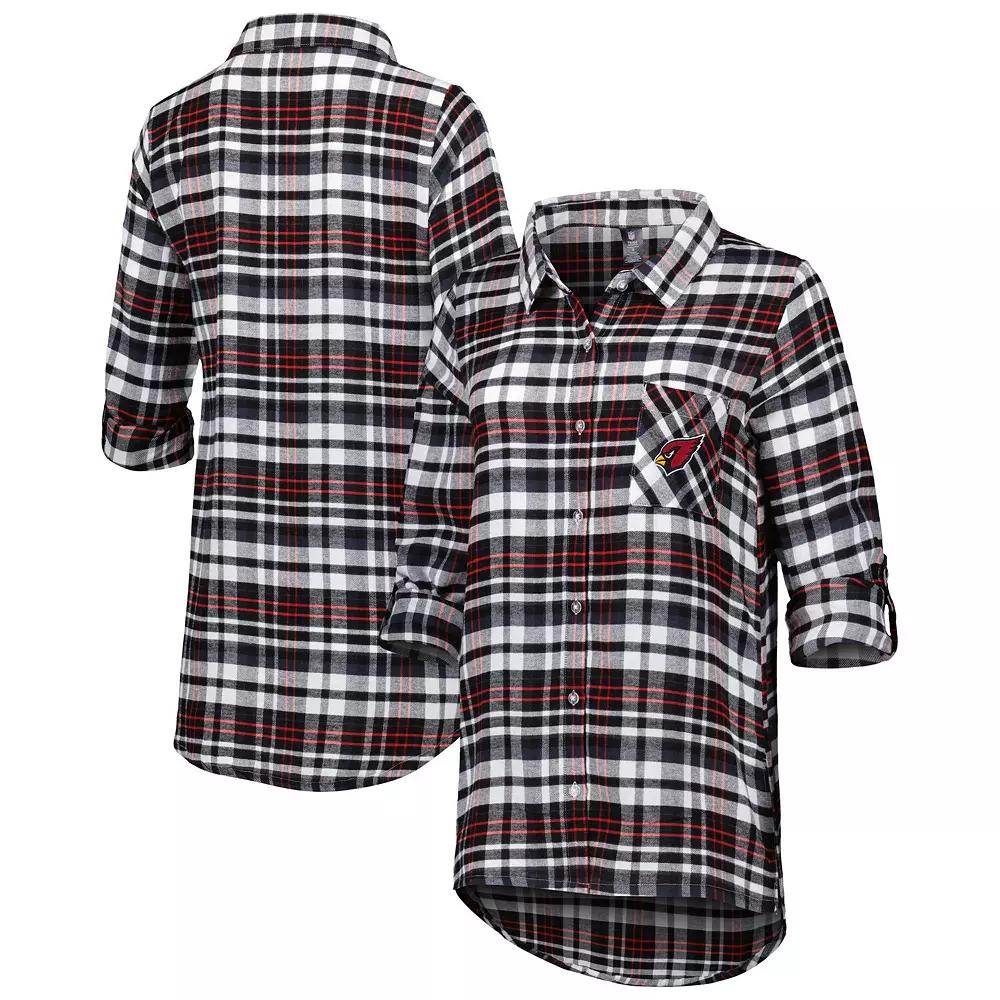 Women's Concepts Sport Black Arizona Cardinals Mainstay Plaid Full-Button Long Sleeve Nightshirt,  Product Image