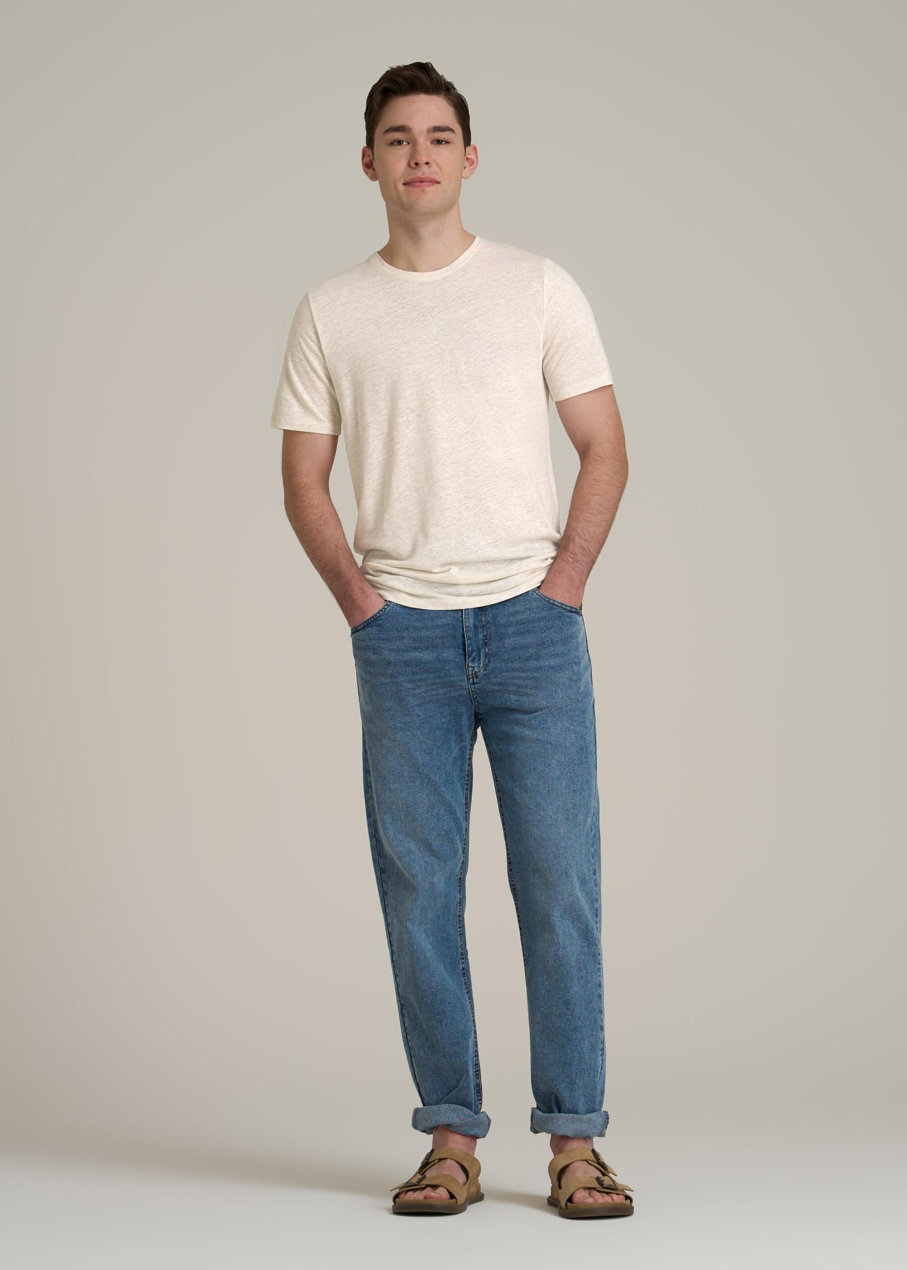 Linen Crewneck T-Shirt for Tall Men in Heathered Oatmeal Male Product Image