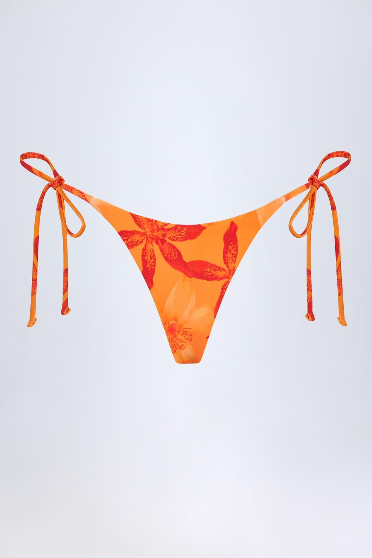 Side-Tie Thong Bikini Bottoms in Orange Orchid Print Product Image