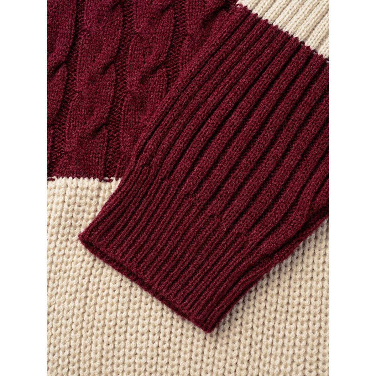 Plus Size Colorblock Contrast Cable Knit Pocket Cardigan Maroon Women Casual Loose Long Sleeve Everyday Cardigans BloomChic 28/5X Product Image