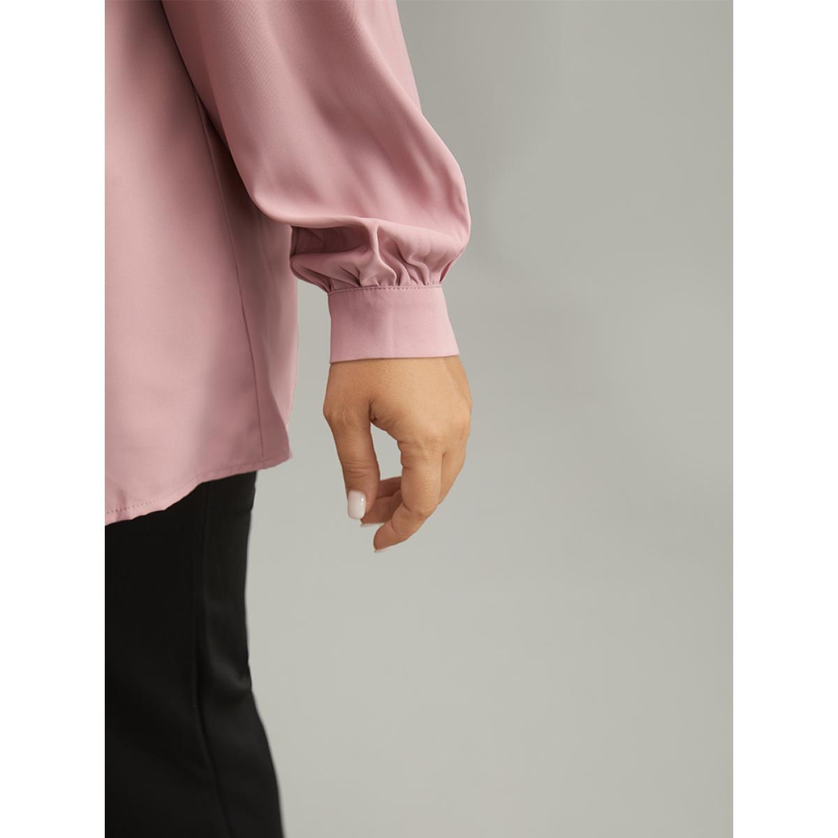 Plus Size DustyPink Plain Buckle Detail Pleated Blouse Women Office Long Sleeve V-neck Office Blouses BloomChic 12/L Product Image