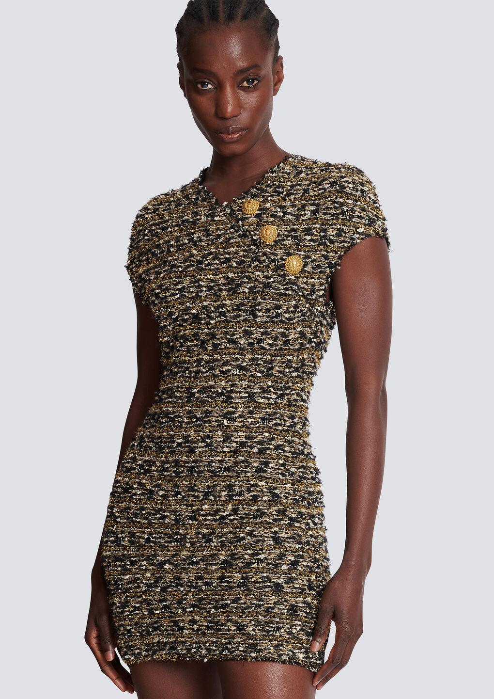 BALMAIN Button-embellished Metallic Bouclé-tweed Mini Dress In Black Gold Product Image