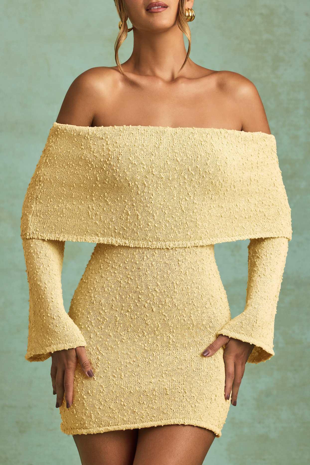 Bouclé Off-Shoulder Mini Dress in Yellow Product Image