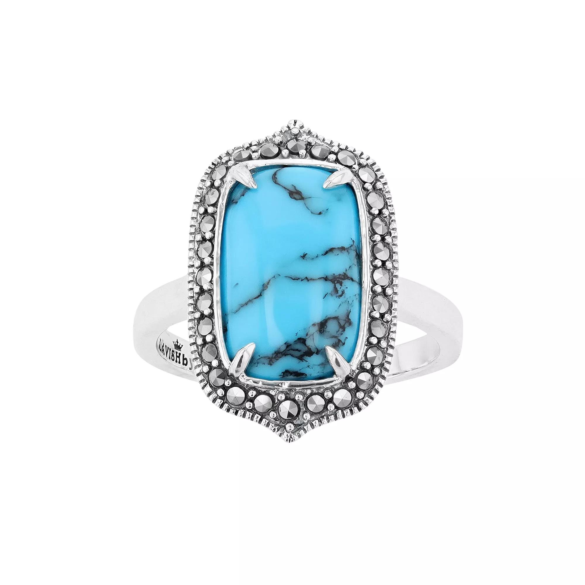 Lavish by TJM Sterling Silver Lab-Created Turquoise Cabochon & Marcasite Rectangular Ring, Women's,  Product Image