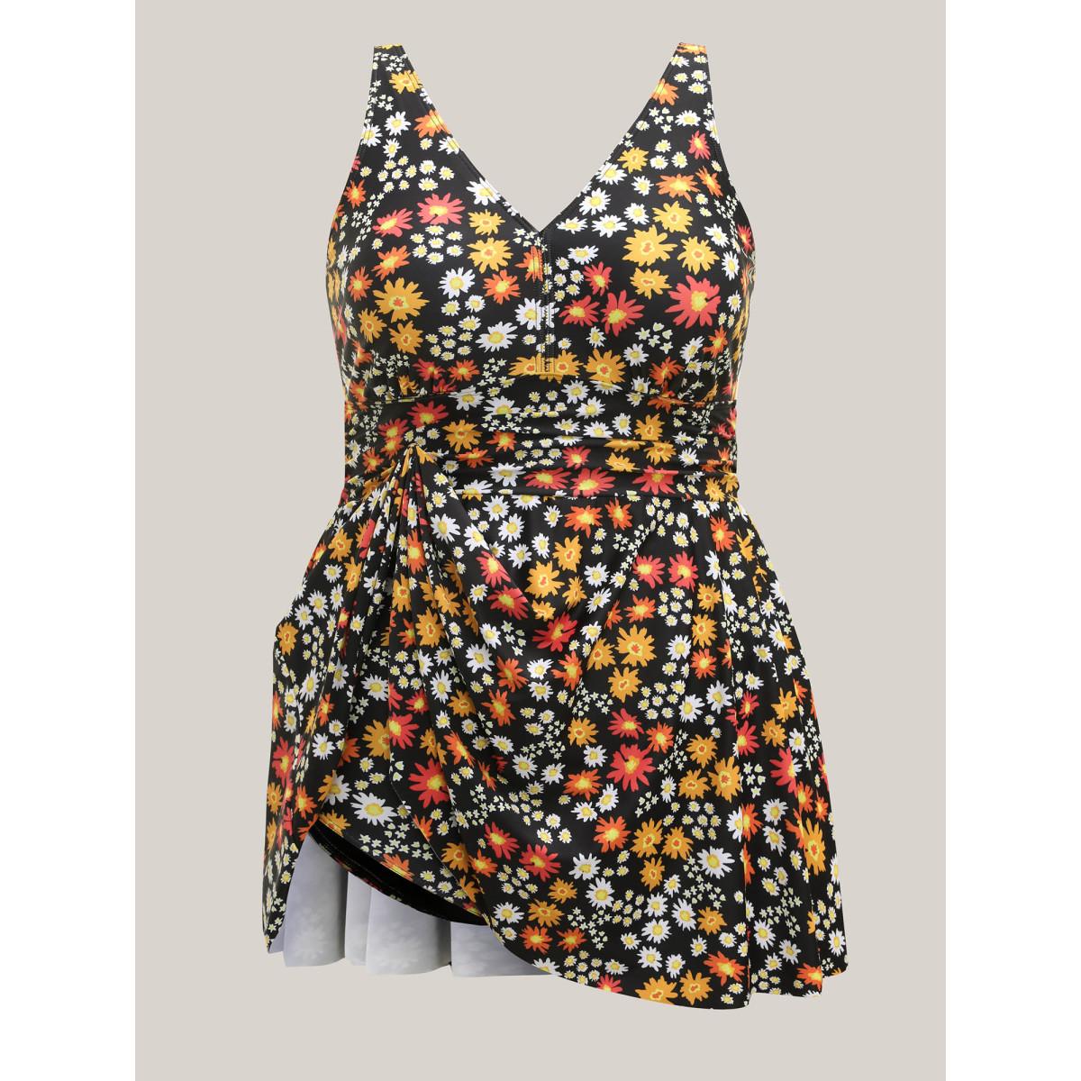Plus Size Anti-Float Ties Floral Print Swim Dress Women's Swimwear Black Beach Bodycon V-neck High stretch Curve Swim Dresses BloomChic 10/M Product Image