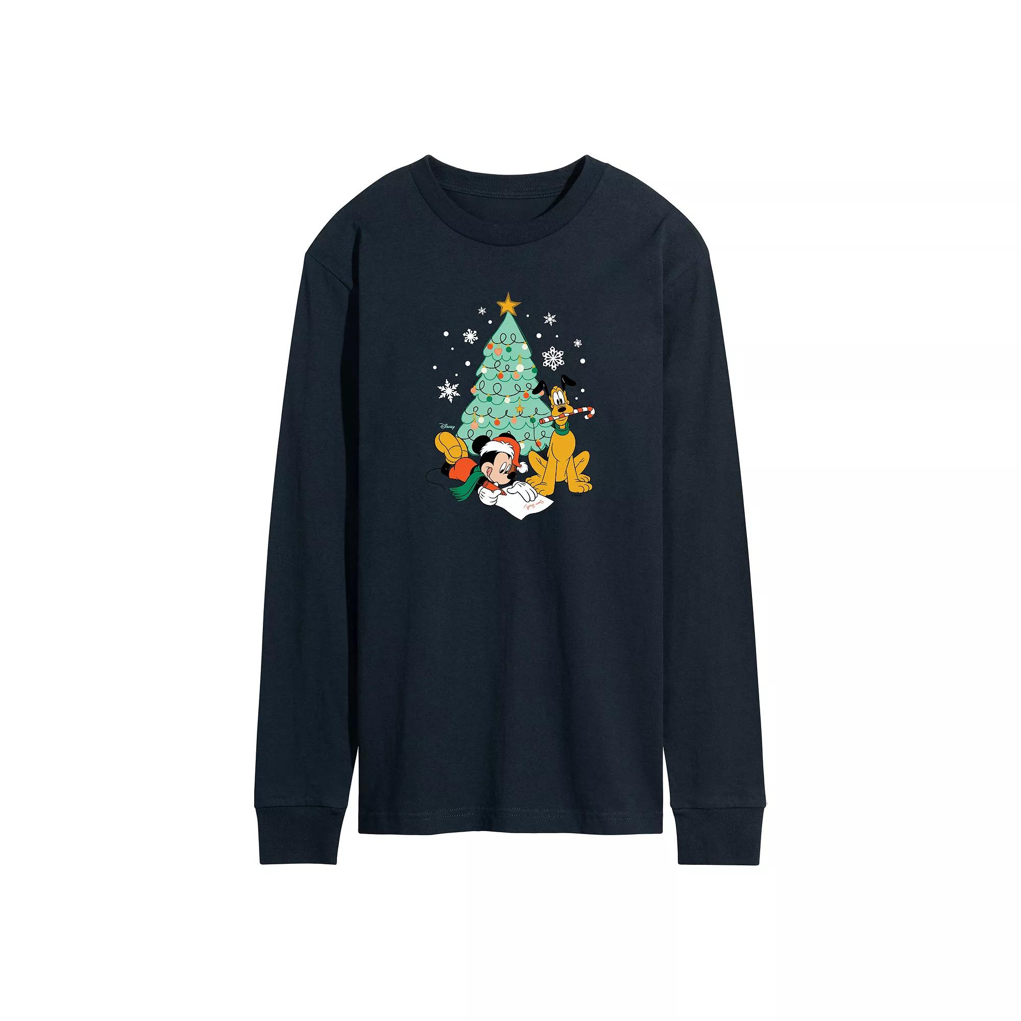 Disney's Mickey Mouse & Pluto Men's Christmas Tree Long Sleeve Graphic Tee,  Product Image