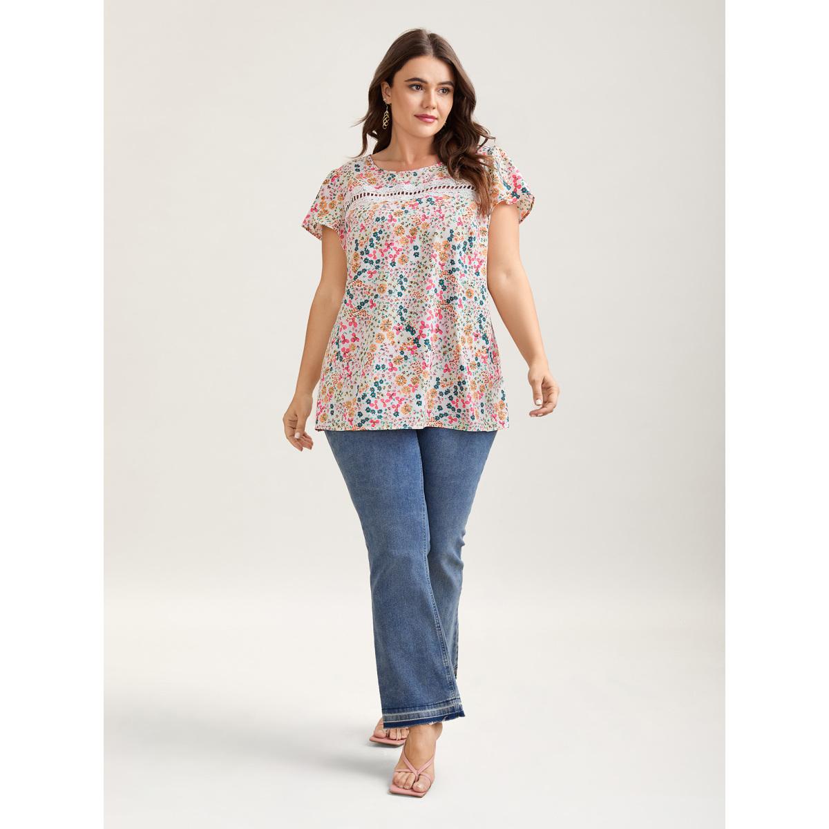 Plus Size WhiteSmoke Multi-Color Floral Print Lace Spliced Blouse Women Timeless Cap Sleeve Round Neck Elegant Blouses BloomChic 30/6X Product Image