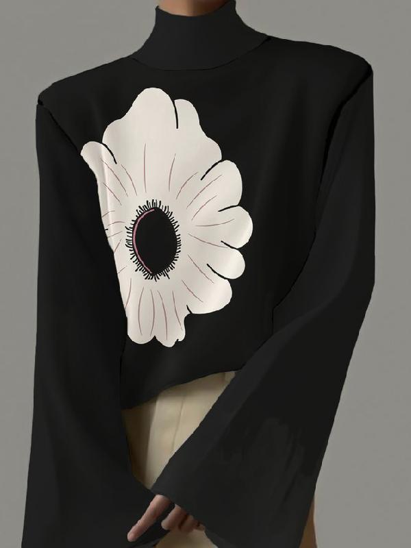 Flared Sleeves Flower Print High-neck T-Shirts Tops Product Image