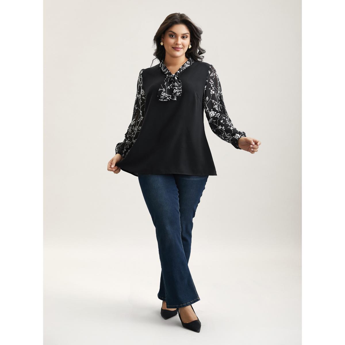 Plus Size Black Floral Patchwork Neck-Tie Blouse Women Elegant Extra Long Sleeve Ribbon-tied collar Everyday Blouses BloomChic 18-20/2X Product Image
