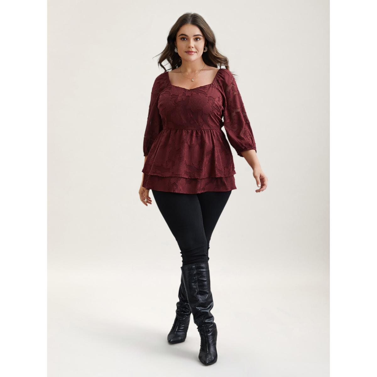 Plus Size Burgundy Sweetheart Neckline Jacquard Layered Blouse Women Elegant Elbow-length sleeve Heart neckline Everyday Blouses BloomChic 18-20/2X Product Image