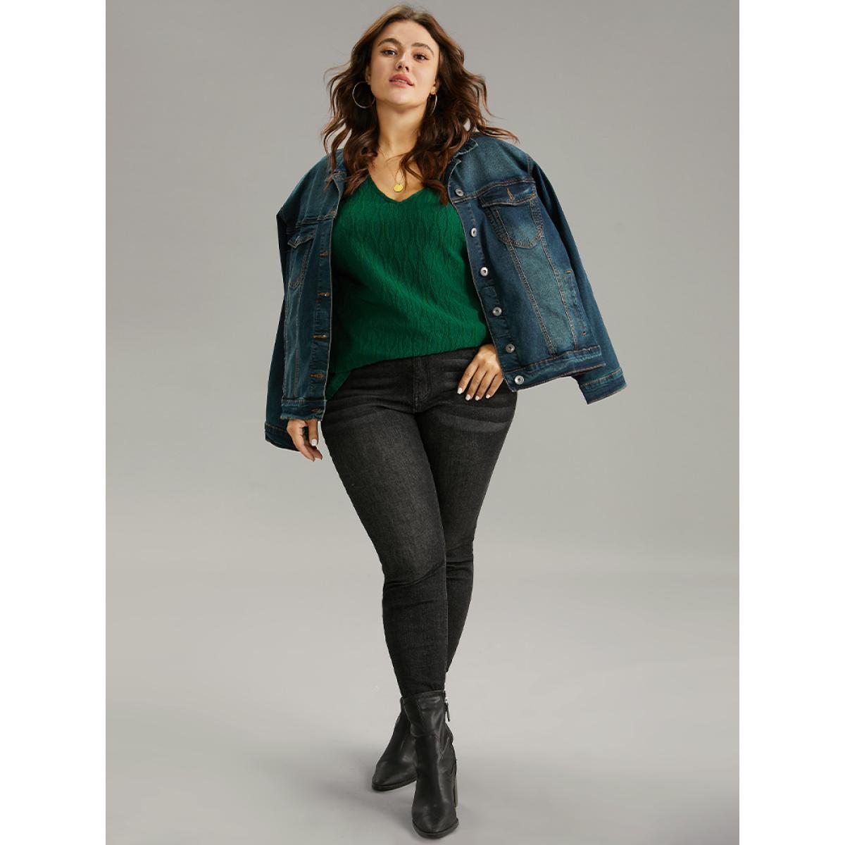 Plus Size Plain Texture V Neck Roll Dolman Sleeve T-shirt DarkGreen Women Casual Texture Plain V-neck Dailywear T-shirts BloomChic 28/5X Product Image